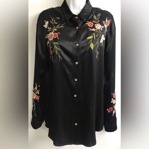 Johnny Was satin embroidered button down bird top Sz S